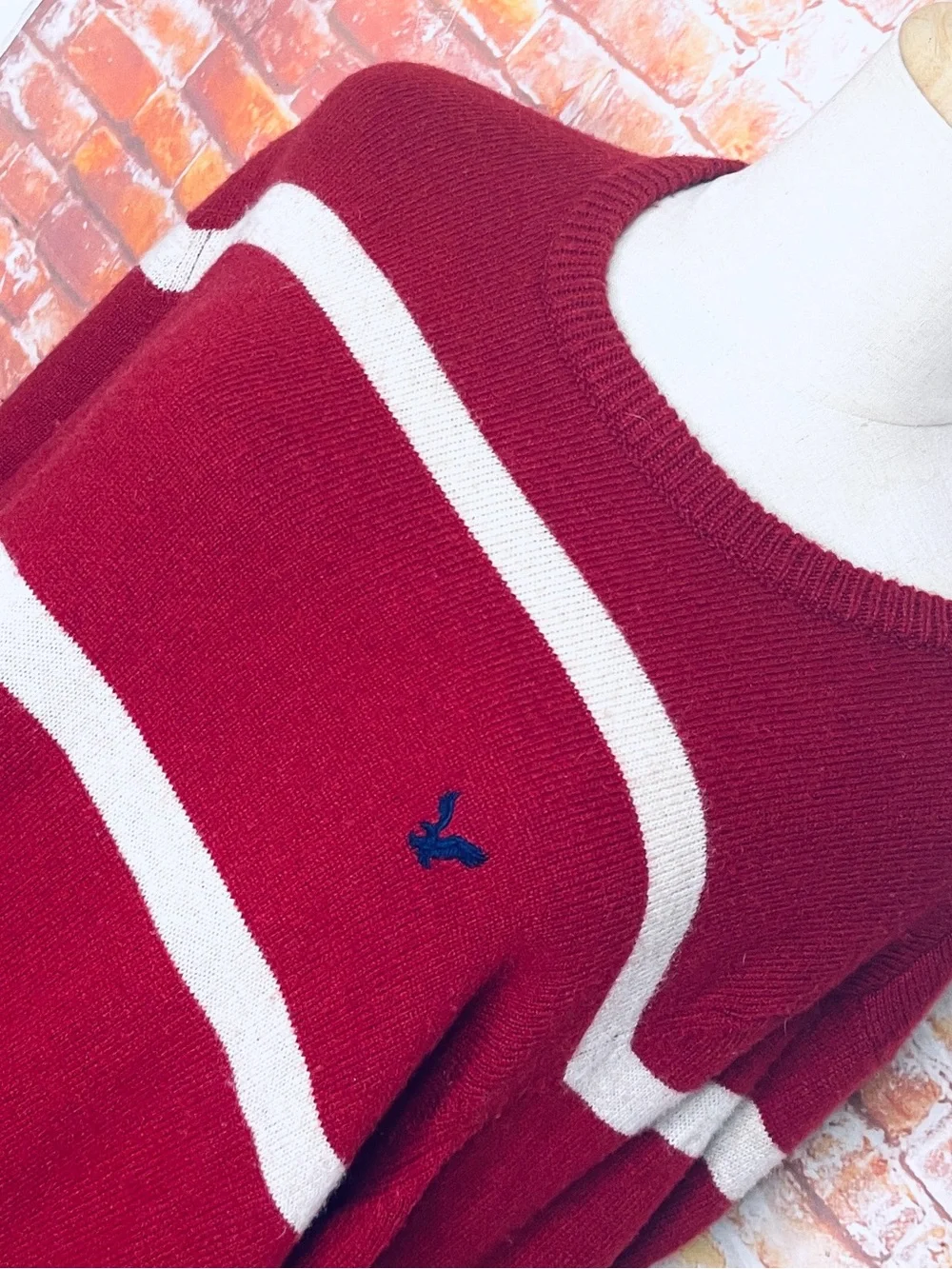 American Eagle Outfitters Deep Red and White Striped Relaxed Fit Crewneck Sweate